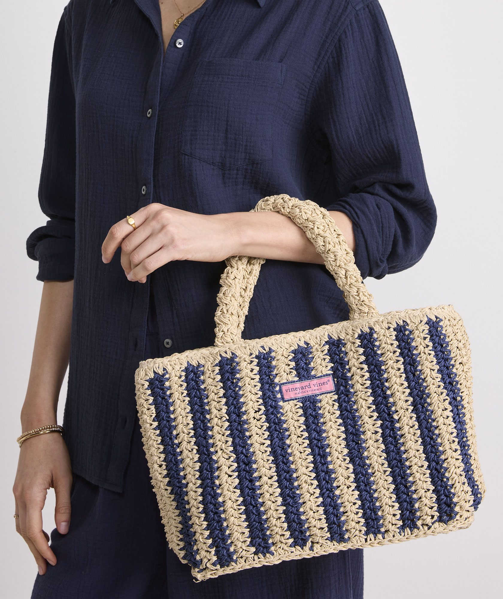 Womens Small Striped Straw Tote