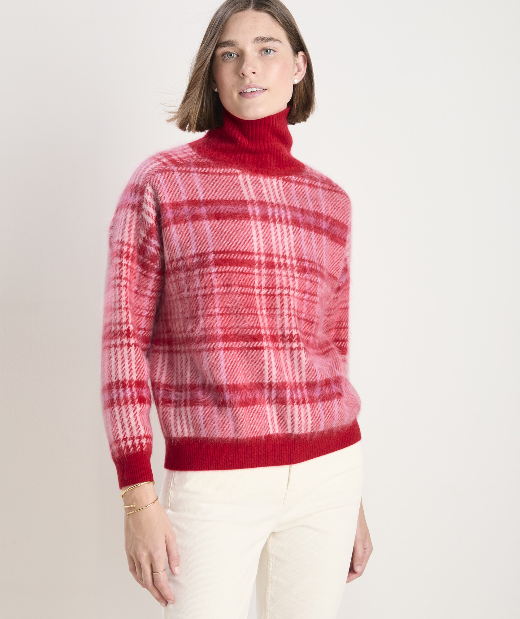 Brushed Cashmere Plaid Mockneck Sweater